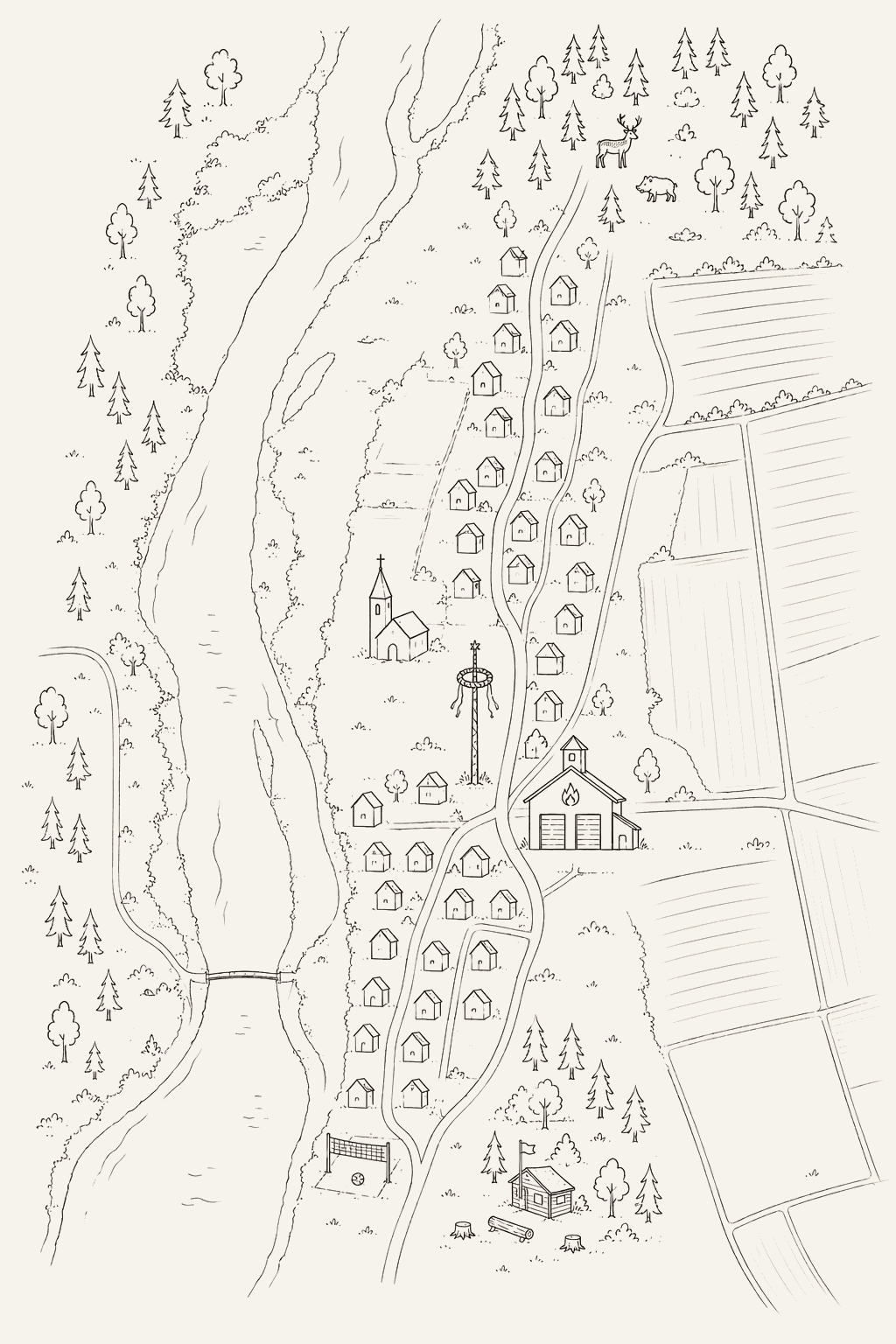 Gezeichnete Karte von Pitzling: der Lech mit Brücke, die beiden Wege, Kirche, Maibaum, Feuerwehrhaus, Häuser und Felder, das Volleyballfeld und die Hütte des Waldkindergartens; im Wald ein Hirsch und ein Frischling