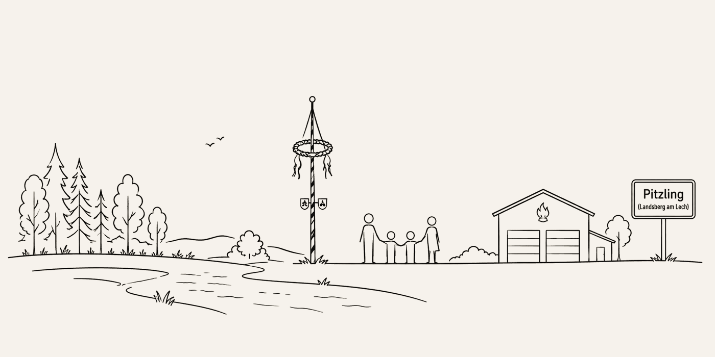 Gezeichnet: der Lech, ein Wald, der Maibaum, eine vierköpfige Familie an den Händen, das Feuerwehrhaus und das Ortsschild Pitzling, Landsberg am Lech