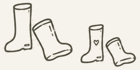 Zwei Paar Kindergummistiefel in verschiedenen Größen, gezeichnet